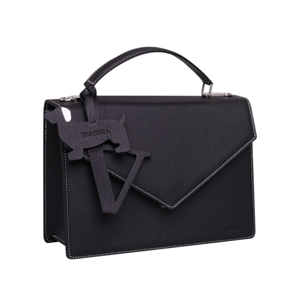 Handle Bag with shoulder strap made of calfskin black